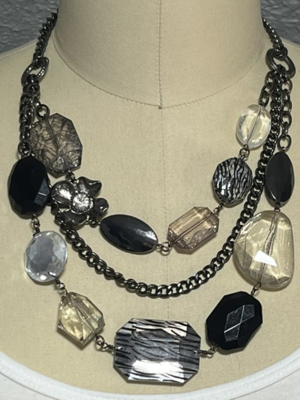 Multi-Strand Gunmetal Lucite Bauble Chunky Statement Necklace Adjustable Length